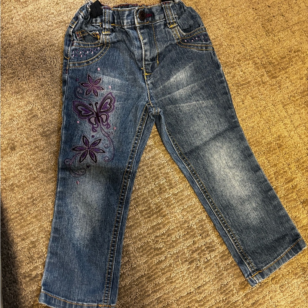 Girls' Blue Jeans with Purple Butterfly Design